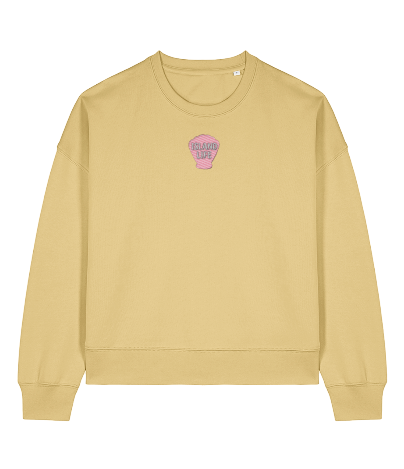 butter yellow jumper with island life embroidered shell in pink